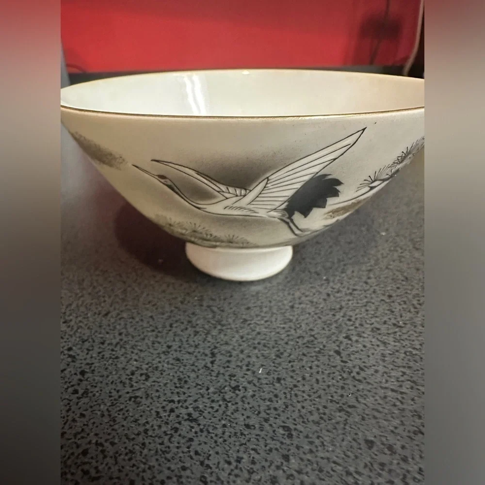 Vintage Porcelain Japanese Rice Bowl Red Crowned Crane Design 4.5 Inch Round